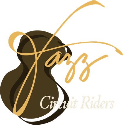 Jazz Circuit Riders logo: an upright bass with the word Jazz in gold script